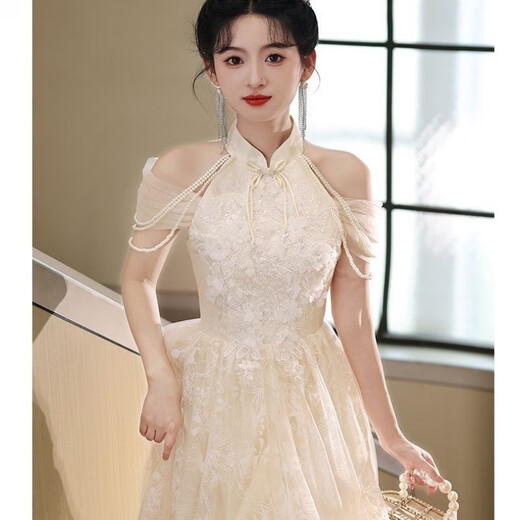 盛妙慈晚礼服订婚新款主持人宴会气质高端敬酒中式旗袍 香槟色 S