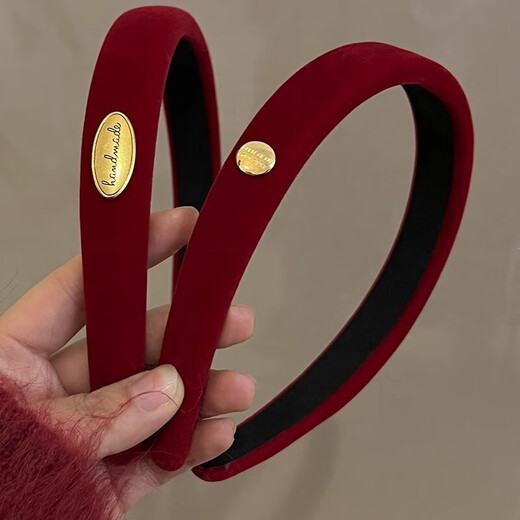 Uplifting burgundy velvet headband for women, autumn and winter temperament, gold label hairpin, New Year's atmosphere headband, small oval, gold label, red