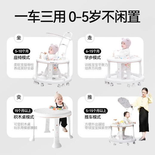 励智2025新款婴儿防O型腿学步车宝宝可坐防侧翻多功能音乐助步手推车 白【全套】可变积木桌