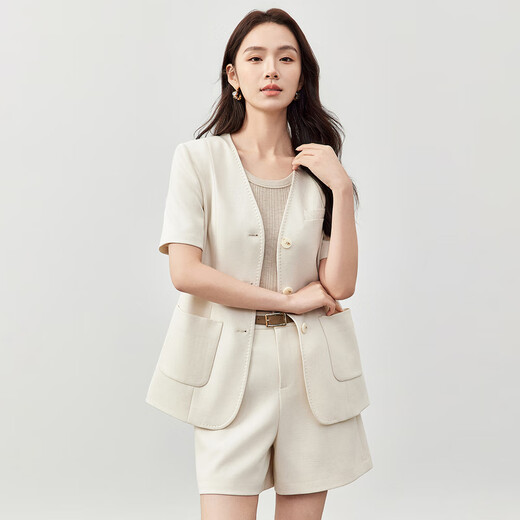 Shandubila free matching suit for urban workplace commuting including linen V-neck shoulder-padded short-sleeved suit jacket & straight shorts beige M