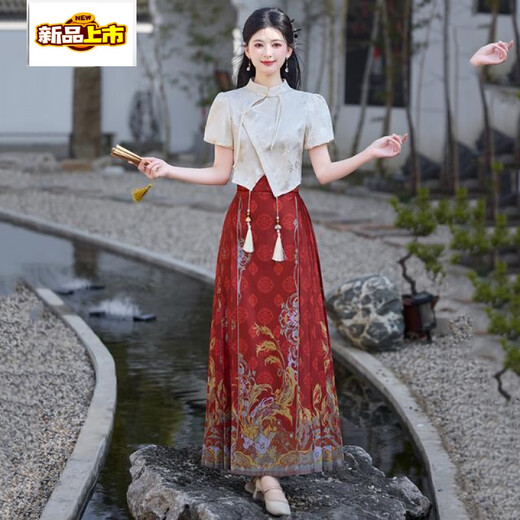 初径（CHUJING）马面裙新中式国风改良立领古典提花短袖一片式国潮印花马面套装 2326杏色+12047红色 S