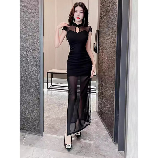 Técnico de masaje de Yingfu Temperamento de ropa de trabajo Fútbol flexible Spa Sexy Vestido de noche largo que cubre KTV Beauty Skirt 3882 Black S (se recomienda usar dentro de 90 Jin [Jin iguala 0.5 kg])