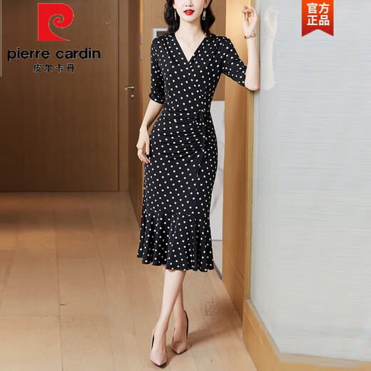 皮尔卡丹（pierre cardin）包臀时尚经典黑波点气质优雅鱼尾裙2025春夏装新款V领显瘦连衣裙 679浅杏底红叶 XL