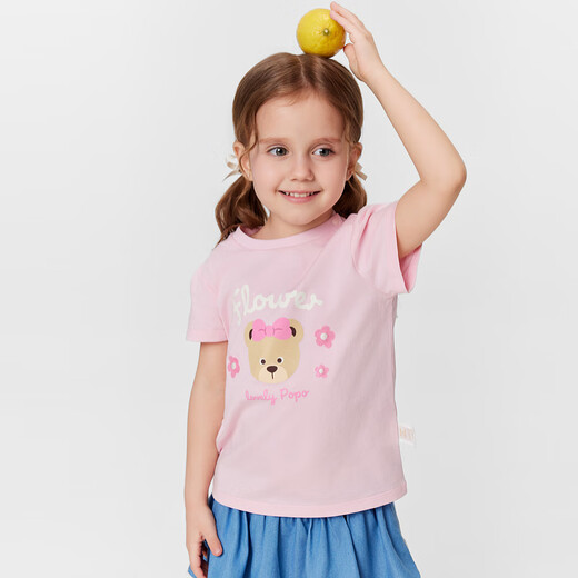 PawinPaw 5A antibacterial cartoon bear children's clothing 25 spring and summer new baby girl printed short-sleeved T-shirt Pink/25 110