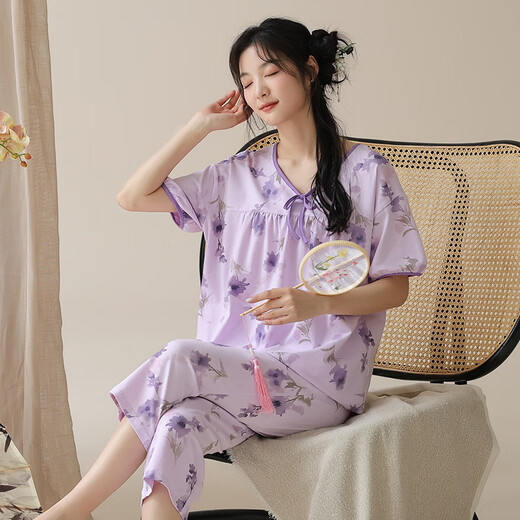 埃伊贝古风睡衣女夏季仿棉短袖七分裤夏款国风新中式女士家居服套装 Z9911 M