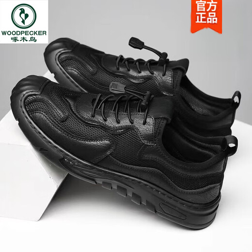 Woodpecker [handmade online] Summer sandals men's mesh hole shoes men's genuine leather casual leather shoes breathable men's shoes 6628 black 38
