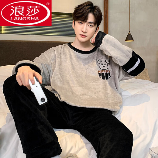 浪莎（LangSha）珊瑚绒睡衣男秋冬季新款长袖加厚休闲大码青少年家居服法兰绒套装 3887 简笔小熊 3XL