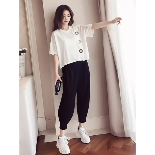 昌祥回力时尚休闲套装女夏装新款胖mm显瘦减龄宽松遮肚上衣萝卜裤子两件套 白色《9928》 M 《建议80-100》