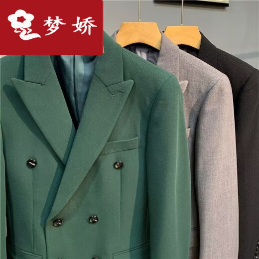 梦娇双排扣休闲西装外套男春秋高级英伦商务单西潮流修身男士西服套装 X829双排扣西装_大气黑 2XL_[高品质]