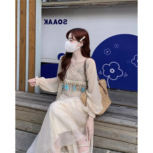Fox.g Vestido de falda para suspender para mujer Cabina de verano para mujeres 2025 nuevo traje de vestimenta francesa Vestida + cárdigan + falda [set de tres piezas] de una talla [recomendado 120 Jin [Jin iguala 0.5 kg]]]