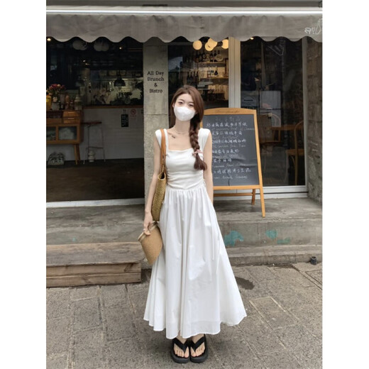 Vestido de chaleco sin mangas sin mangas de Muni, 2025 NUEVO Estilo Temperamento para mujeres Temperamento de la cintura y las vacaciones adelgazantes Vestblas largas de la falda del cuello cuadrado [blanco] L Tamaño [sugerido 111-120Jin [Jin iguala 0.5 kg]]]