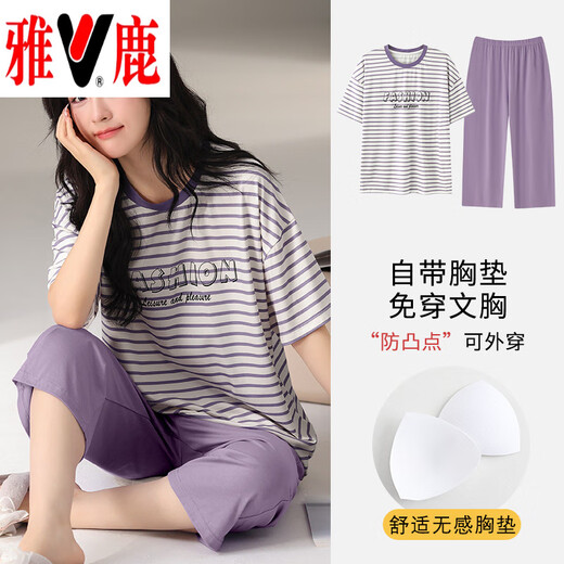 雅鹿棉质短袖睡衣女夏季薄款带胸垫甜美少女学生圆领夏天家居服 短//袖短//裤：B12241 3XL 女140-155斤】