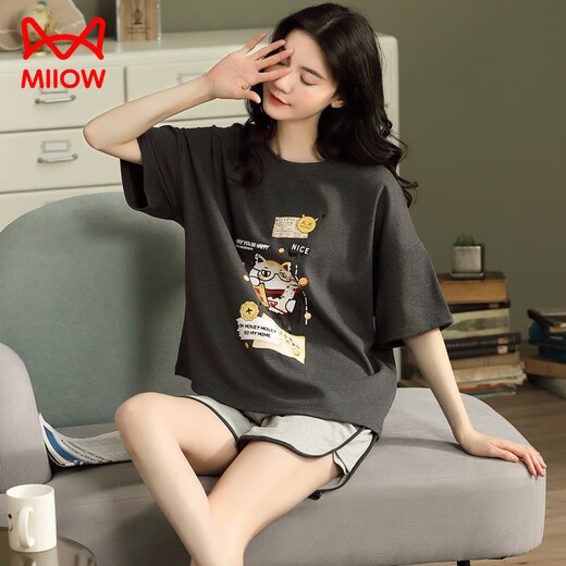 
Catman (MiiOW) pajamas for women in summer pure cotton cute short sleeve thin two-piece set Korean style fashionable spring and summer home clothes can be worn outside. Marine green Y687 M (recommended 75-95 Jin [Jin equals 0.5 kg])