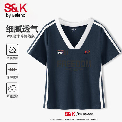 班尼路S&K系列复古辣妹V领撞色正肩短袖t恤女2025夏运动修身上衣 白-O834自由Z排版 XL