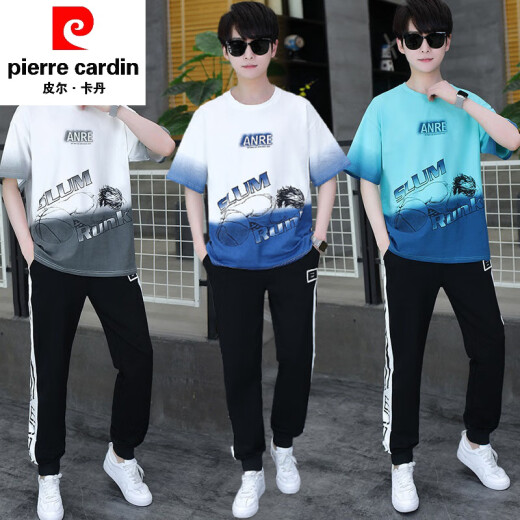 皮尔卡丹（pierre cardin）夏季青少年短袖t恤男孩衣服高中初中学生大童夏装帅气运动套装潮 白灰色 套装TZ9226款 XL 【100-120斤】