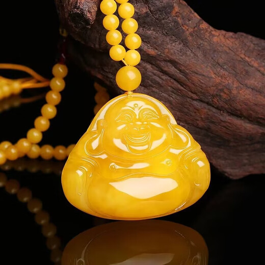 IosnIOSN Natural Baltic Chicken Fat Yellow Amber Beeswax Maitreya Buddha Pendant Big Belly Laughing Buddha Sweater Chain with Certificate