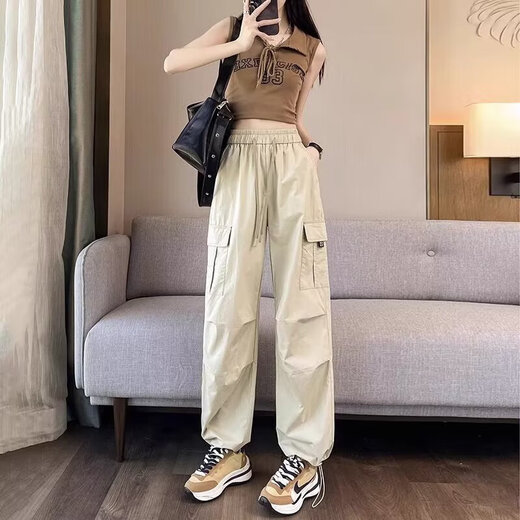 美式工装裤女夏季薄款小个子束脚登山裤休闲宽松阔腿速干运动裤子 绿色 【MY-689】 L