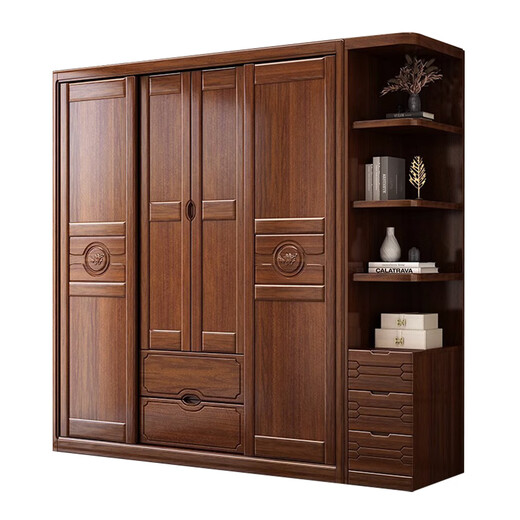 
Youkaji walnut solid wood wardrobe modern Chinese sliding door four-door multi-functional large wardrobe 829# Four door + side + top
