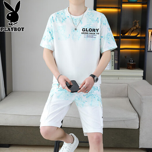 花花公子;PLAYBOY2025夏季新款渐变色短袖男装套装青年百搭短裤两件休闲运动套装男 6187蓝色 XL