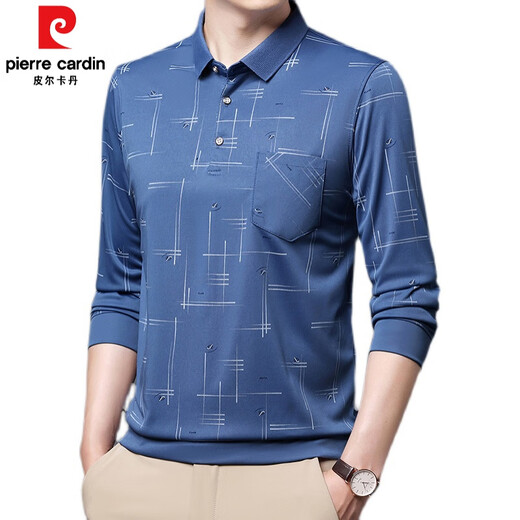皮尔卡丹（pierre cardin）中老年男士夏季冰丝长袖t恤薄款翻领宽松2025新款爸爸polo打底衫 B753小星星 蓝色 2XL 180/120/54
