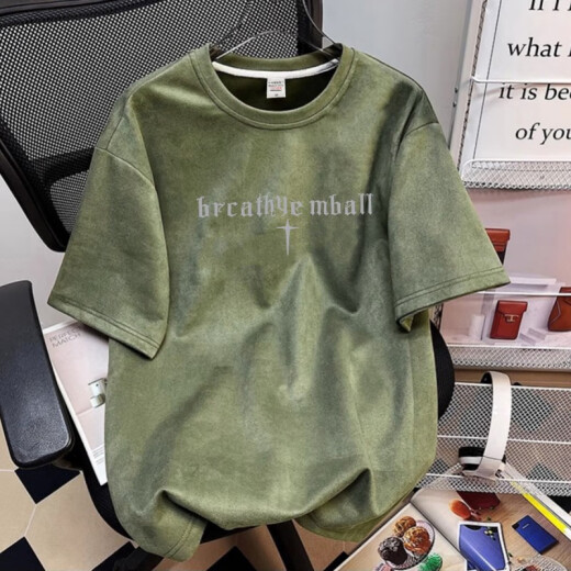 Woodpecker American Suede kurzärmelige Männer 2025 Sommer High Street Trendy Marke Nischen T-Shirt Retro vielseitiges Paar T-Shirt-Hellgrün-C694 M 70-90jin [Jin ist 0,5 kg]