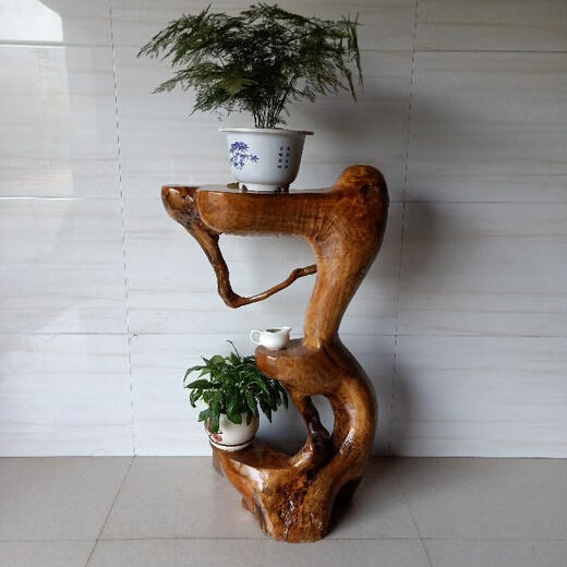 XMSJ根雕花架盆景架多层整体头树根中式原木底座客厅 深灰色12147多层一体
