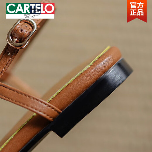 卡帝乐鳄鱼（CARTELO）罗马编织凉鞋女夏季平底软底法式银色女款白色低跟镂空鱼嘴鞋 棕色 34