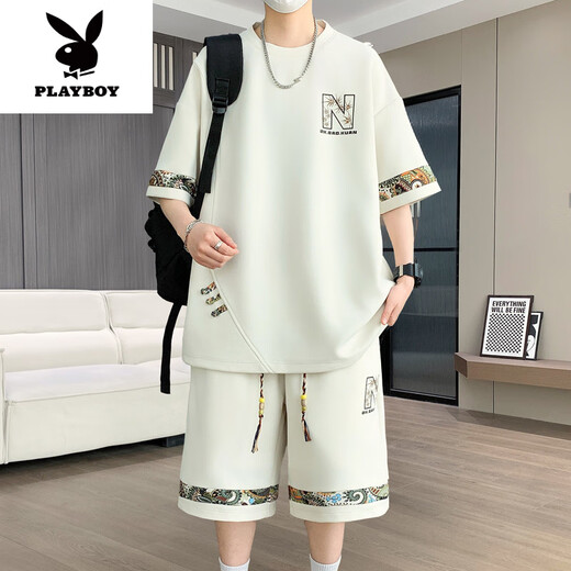 花花公子（PLAYBOY）2025年夏季新款中国风时尚休闲男士套装圆领短袖T恤短裤两件套潮 【短.袖套装】6195 米白色 3XL (建议160-180斤)