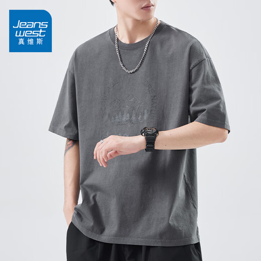 真维斯（Jeanswest）美式潮流短袖T恤男夏季新款印花宽松圆领半袖休闲体恤男装上衣服 黑色5008D XL 【建议130-150斤】