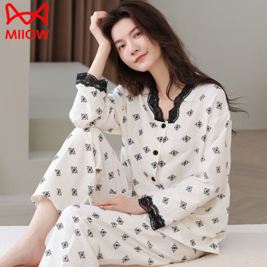 猫人（MiiOW）新款纯.棉睡衣女春秋季长袖无领开衫中青年女士全.棉家居服套装 SH14701 L （-120斤）