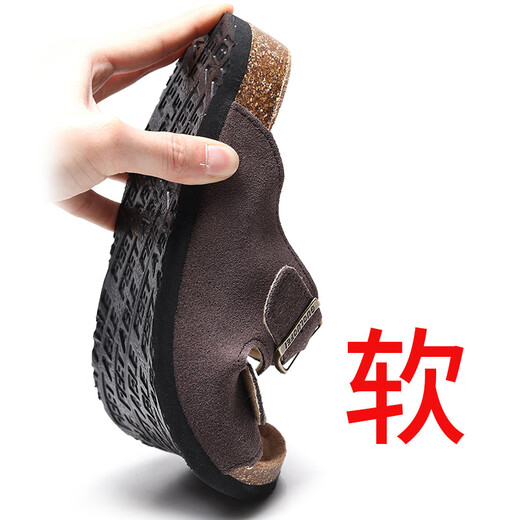 UETEEY软木拖鞋女夏外穿时尚百搭防滑情侣牛I皮一字拖鞋度假沙滩鞋15618 109蓝色 35