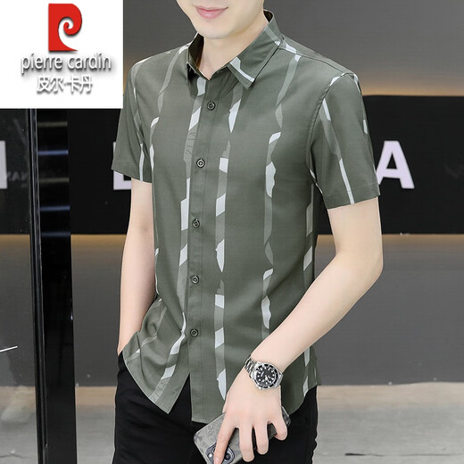 皮尔卡丹短袖衬衫男夏季冰丝凉感免烫上衣服帅气抗皱弹力条纹潮流衬衣针织 FJL7027深咖色 M 【95-110斤】