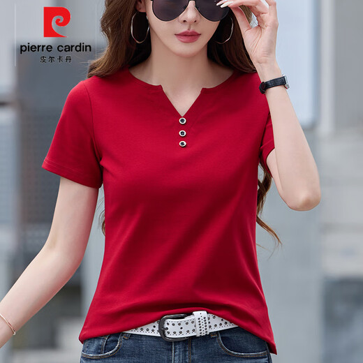 皮尔卡丹（pierre cardin）2025夏季新款正肩设计感宽松v领棉短袖女t恤高端气质百搭衫 6623芥绿色 (扣子款) S 建议80-95斤