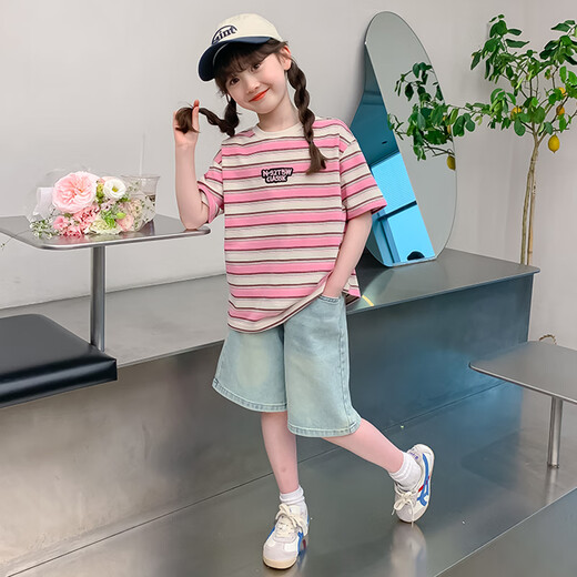 迷你巴拉巴拉（MINI BALABALA）【央妈推荐】女童夏装短袖T恤夏款2025新款女大童条纹半袖儿童夏 DY11980红色 160 cm