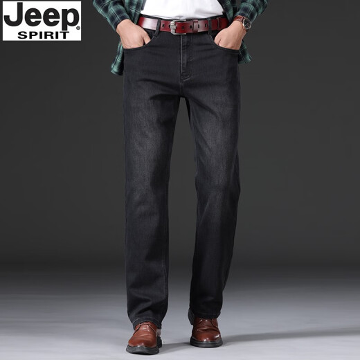 Jeep Spirit 1941 Jeep Herren Jeans fallen dick, gerade lockere lockere, tiefe leichte luxuriöse High-End-High-End-Hose Schwarz und Grau-679 dickes Modell 29 Taille 2,2 Fuß