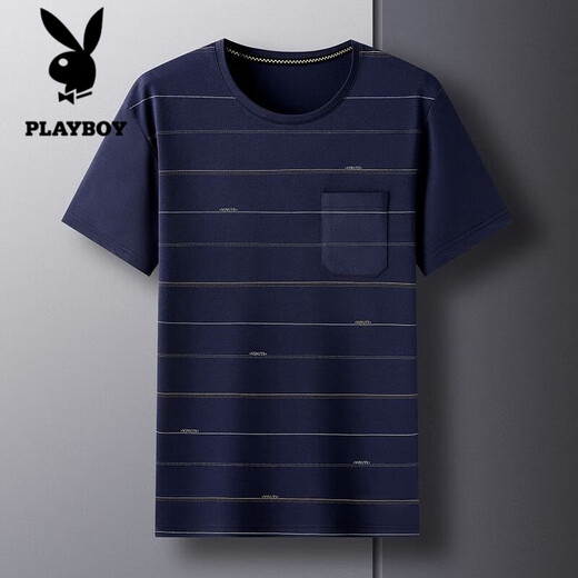 花花公子;PLAYBOY中年男士短袖T恤夏季汗衫宽松休闲圆领口袋上衣中老年爸爸夏装男 TC-短袖-693藏青 2XL 180/2XL/155-175斤