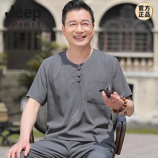 JEEP SPIRIT唐装男中老年夏季短袖爸爸夏装中国风套装60岁70老人爷爷休闲衣服 2024深灰色立领上衣+长裤2025 XL 41 （体重135~150斤）