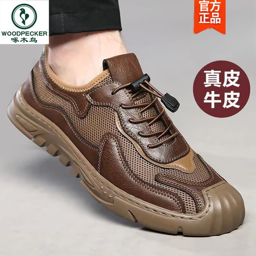 Woodpecker [handmade online] Summer sandals men's mesh hole shoes men's genuine leather casual leather shoes breathable men's shoes 6628 black 38