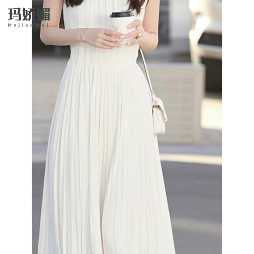 Majiaomei White Sleeveless Vest Dress Women Summer 2025 New Light Luxurious Exquisite Waist Tightening Temperament Skirt Women White Dress L