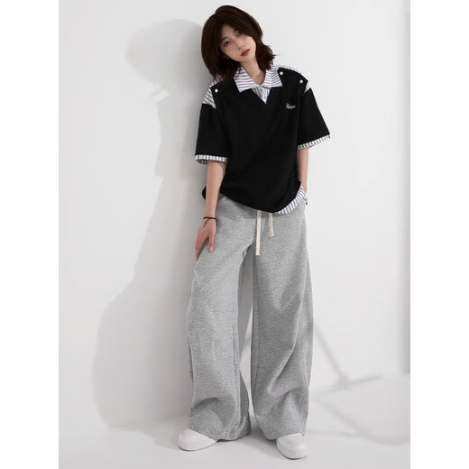 HUALIN FASHION Henry lapel striped splicing fake two-piece short-sleeved shirt men's summer new loose neutral shirt collar T-shirt gray 2XL