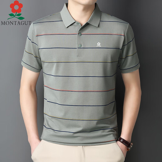 MONTAGUT Summer Mulberry Silk Short-Sleeve T-Shirt Men's Middle-aged Daddy's Striped Lapel Half-Sleeve Polo Shirt 723 Royal Blue M 165 [Suggested 100-115 Jin [Jin equals 0.5 kg]]