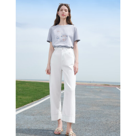百图betu女装2025夏季新款牛仔阔腿裤高腰显瘦纯棉九分裤裤子2505X14 白色 XS