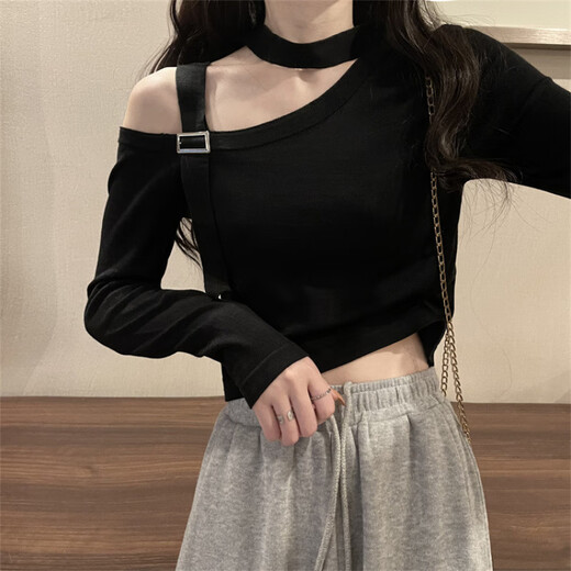 Hualin Fashion Design Niche Shirt for Women Korean Short à une épaule tricot tricot 2025 NOUVEAU 11303 Black One size (70-125jin [Jin est égal à 0,5 kg] peut être porté)