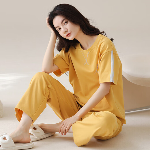 Sommer-Damen-Kurzarm-Pyjama-Set, Hose aus reiner Baumwolle, Heimkleidung, reine Baumwolle, kann im Sommer draußen getragen werden, gestreifter Cartoon Y9719 M (empfohlen 75–95 Jin Jin entspricht 0,5 kg)