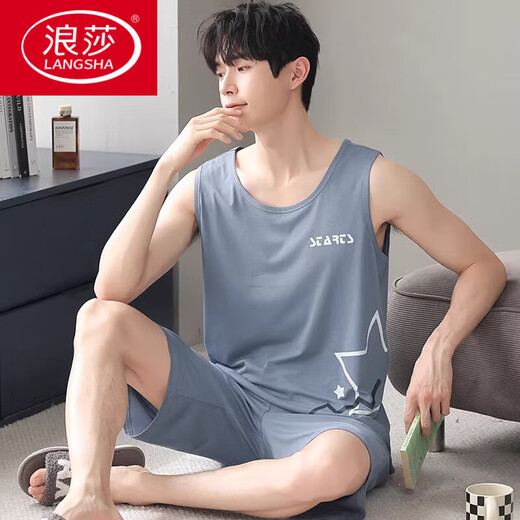 浪莎（LangSha）男士睡衣夏季莫代尔真丝背心短裤套装青少年大码无袖家居服舒适时 A-12027 L
