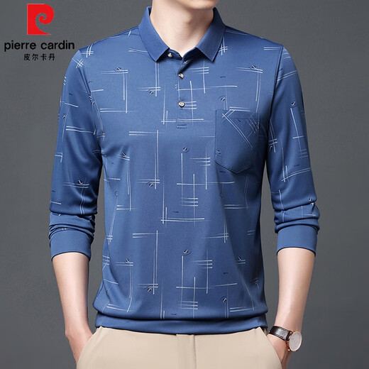 皮尔卡丹（pierre cardin）中老年男士夏季冰丝长袖t恤薄款翻领宽松2025新款爸爸polo打底衫 B753小星星 蓝色 2XL 180/120/54