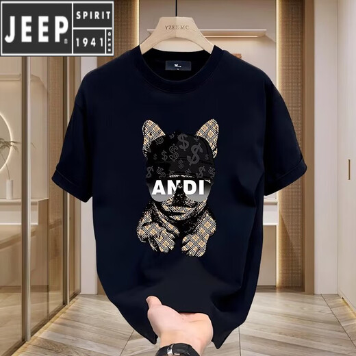 JEEP SPIRIT欧美夏季纯棉短袖t恤男2025新款T恤宽松大码情侣装男士半袖 V691黑色 M