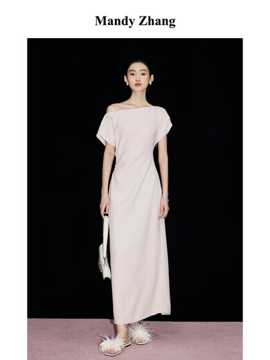 Mandy Zhang赫本风一字肩短袖黑色连衣裙女夏季气质轻礼服宴会裙子 静谧黑 M