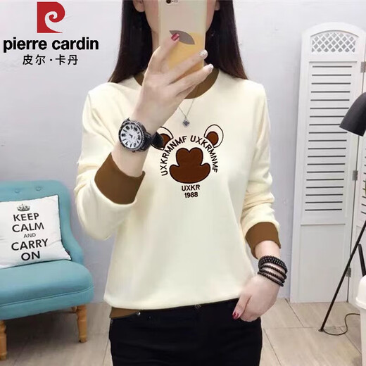 Pierre Cardin Early Frühling Neues 2025 Langsalz T-Shirt für Frauen dünn lose und vielseitig Herbst und Winter modischem Hutloses Sweatshirt für Frauen außerhalb von 5009 Milchkaffee [Frühling und Herbst vielseitig] M empfohlen 85-100jin [Jin gleich 0,5 kg]