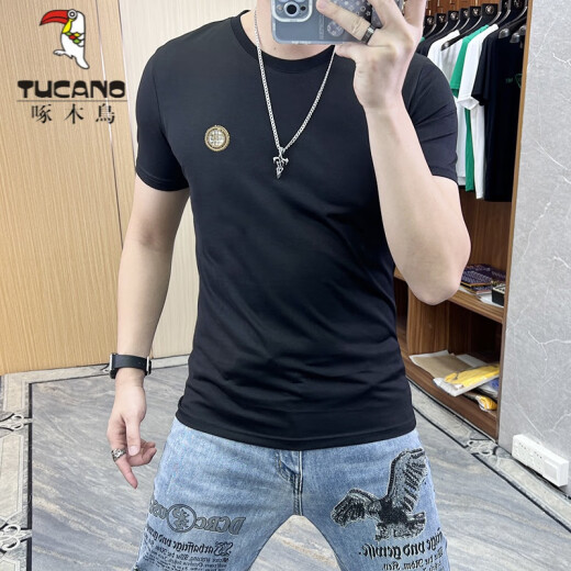 啄木鸟（TUCANO）t恤男士2025夏季新款短袖T恤男修身个性刺绣烫钻欧货丝光棉体恤男 724闪电R蓝绿色 3XL